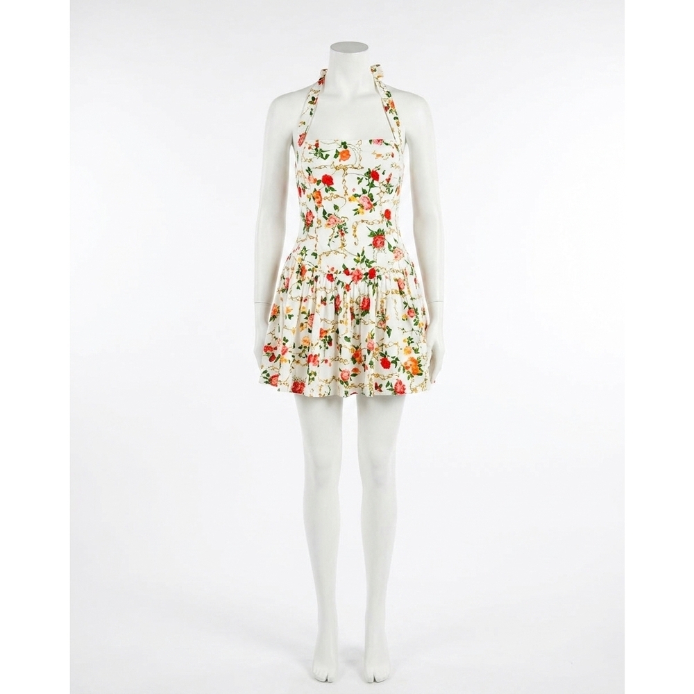 NEW LINE AND DOT floral halter mini dress in white multi